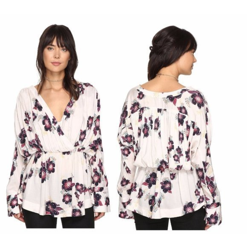 Free People Size XS Tuscan Dreams Tunic Long Sleeve Off White Purple Floral